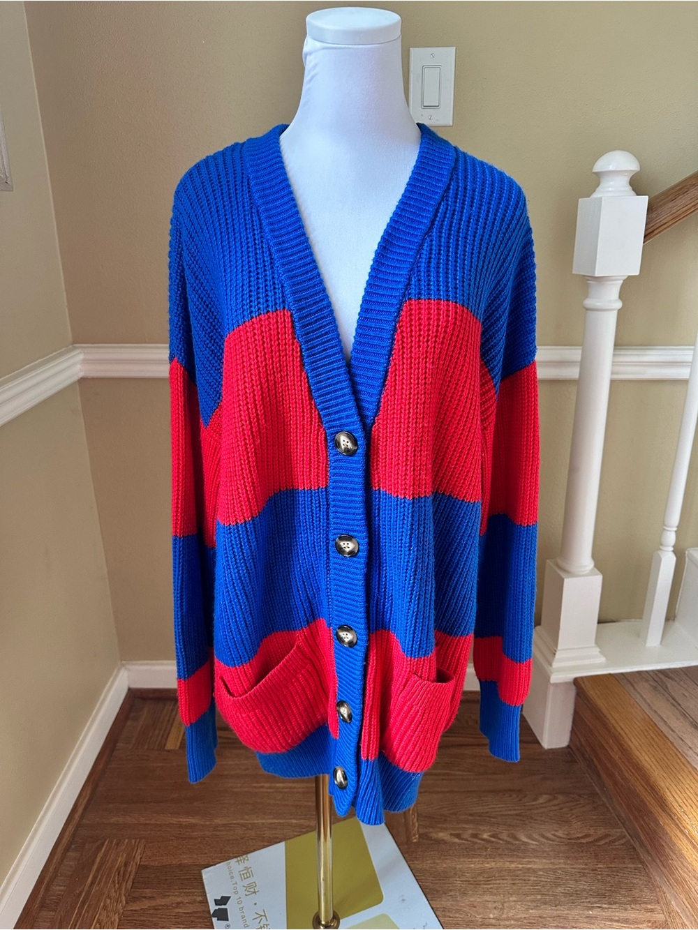 La Ligne Blue and Red Striped V-Neck Cardigan